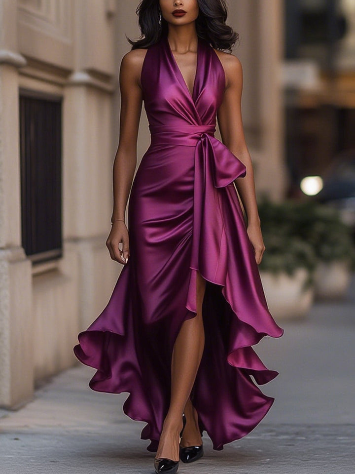 Sophisticated women's long wrap dress featuring a deep V-neck, ideal for gala nights & special events.