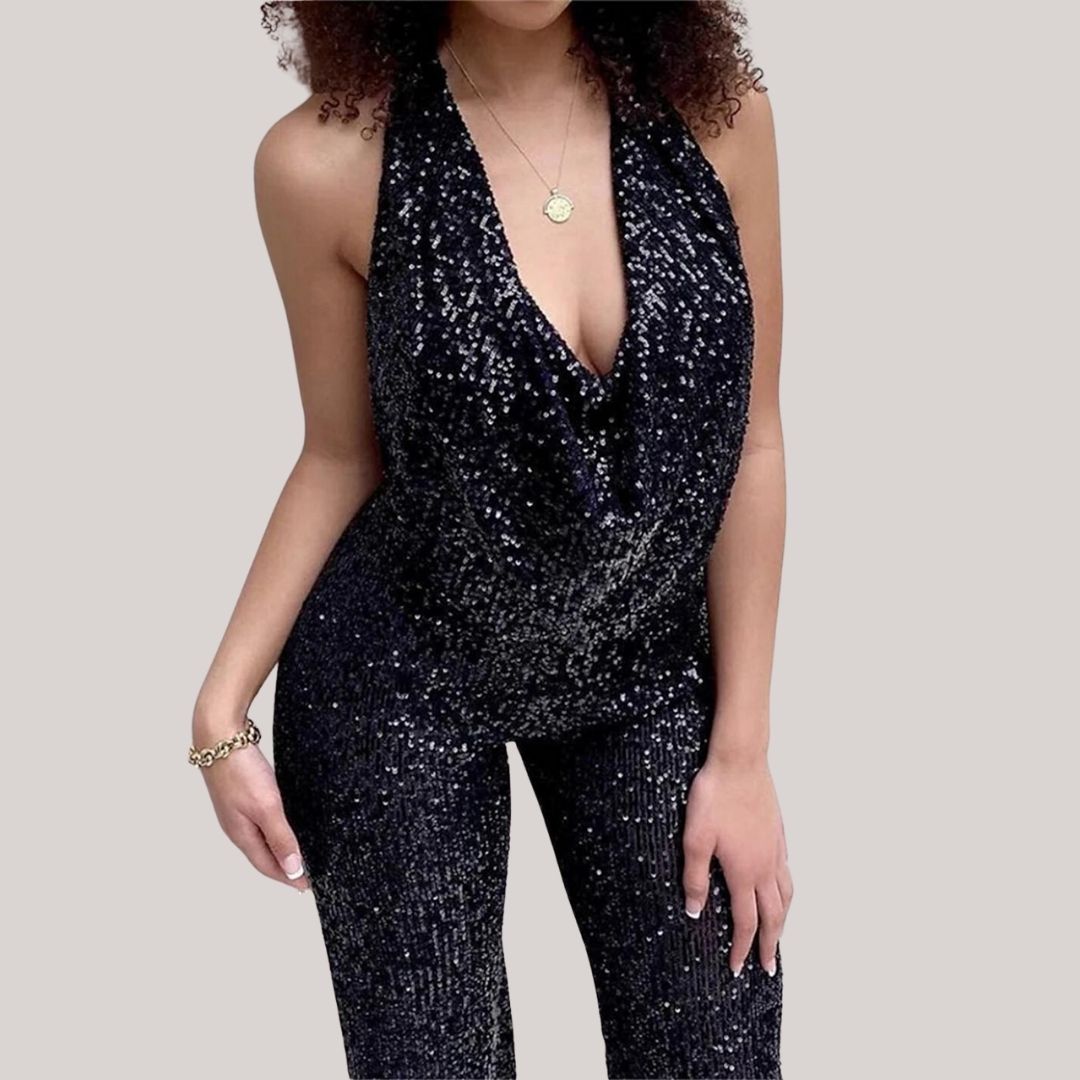 Elegant women's sequin halter jumpsuit, featuring a dramatic deep V neckline and shimmering sequin finish, perfect for glam e