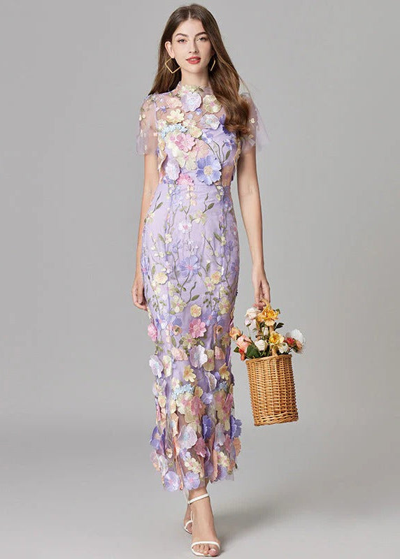 Women's dark pink evening gown with intricate 3D floral appliqué & sheer accents, ideal for parties.