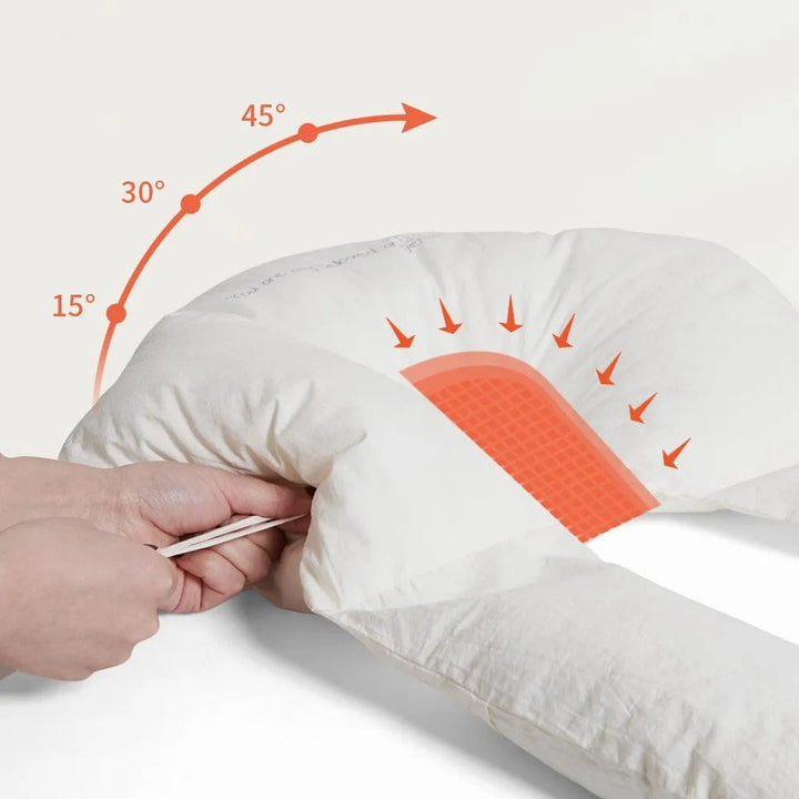 "Ergonomic infant support pillow with adjustable sides, recessed head zone for comfort and alignment, soft exterior, baby-saf