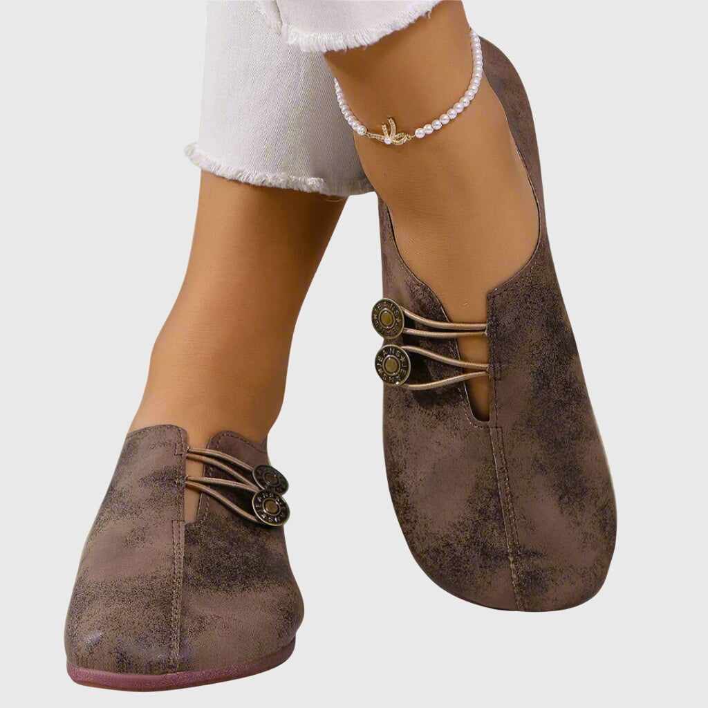 Evelyn slip-on women's flats in neutral beige, lightweight casual shoes with decorative button detail, sizes 5-12