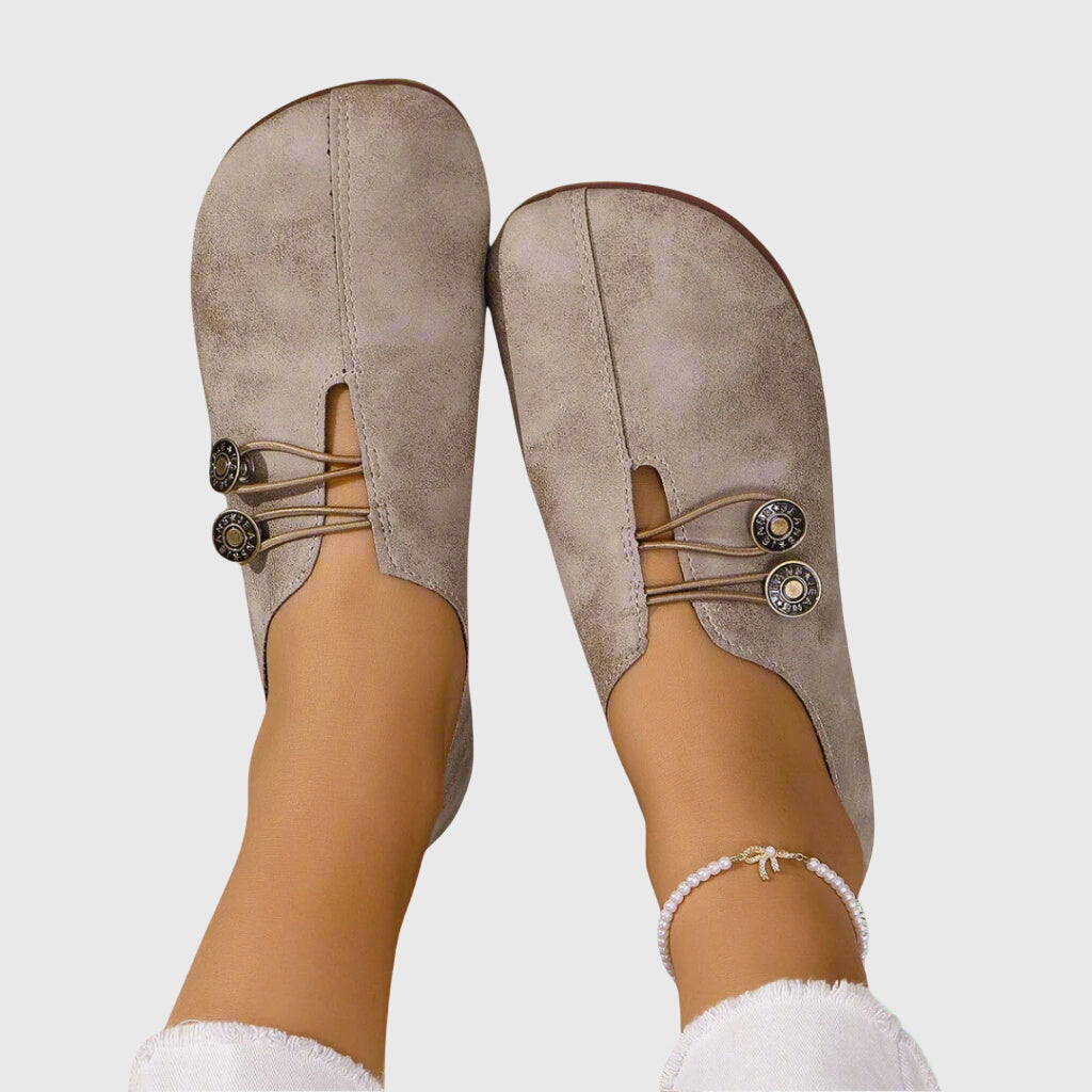 Side profile of Evelyn button-detail flats, slip-on casual women's shoes, comfortable everyday flats, sizes 5-12