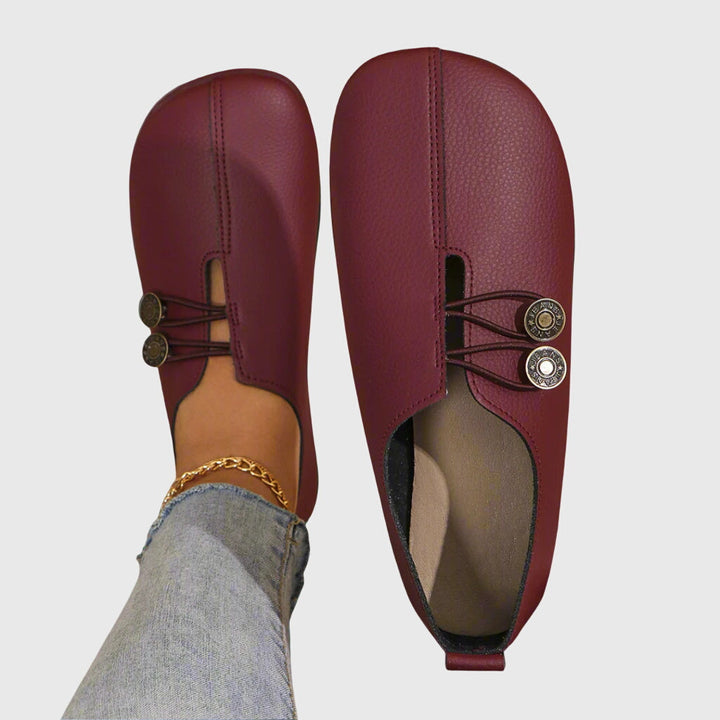 Top-down view of neutral Evelyn loafers alternative, lightweight slip-on flats with button accent, sizes 5-12