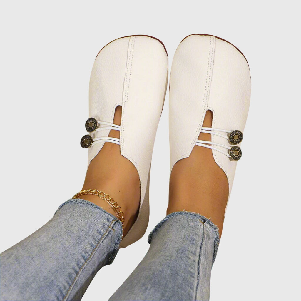 Folded midsole showing flexible sole of Evelyn lightweight women's flats, comfortable casual shoes for summer