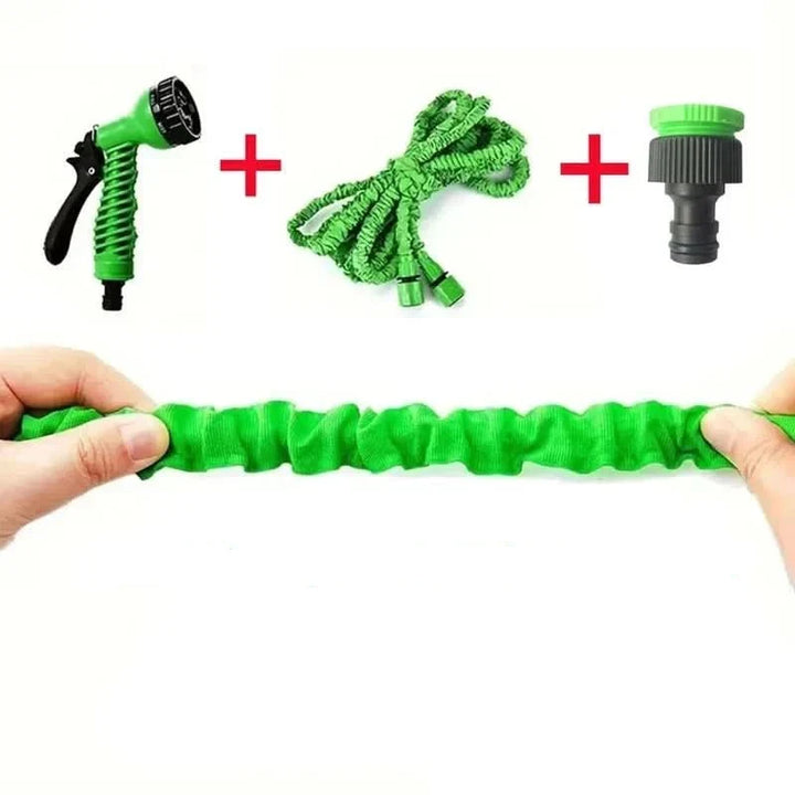 Compact expandable garden hose for easy storage. Ideal for patio cleaning, car wash, and general outdoor use.
