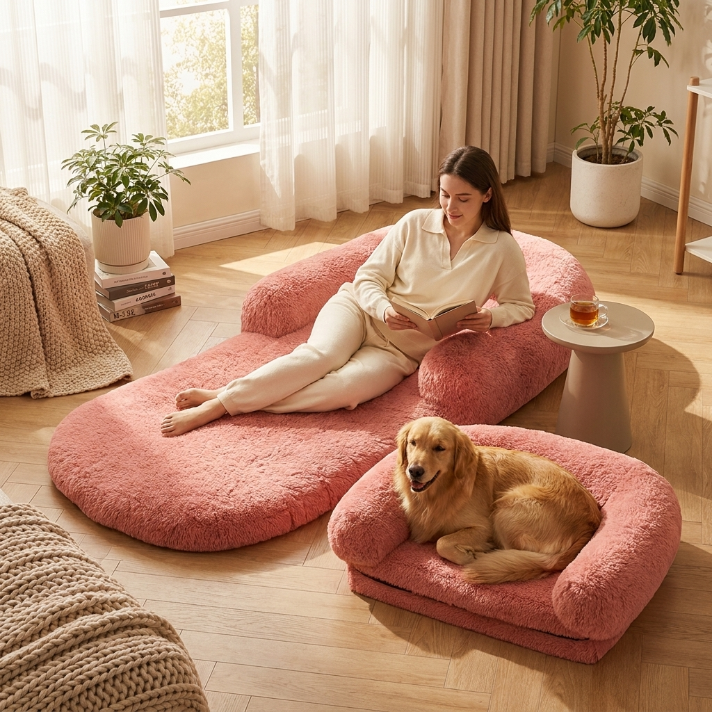 Family-sized plush foldable human & dog bed. Large pet lounge with soft washable cover for ultimate comfort & relaxation.