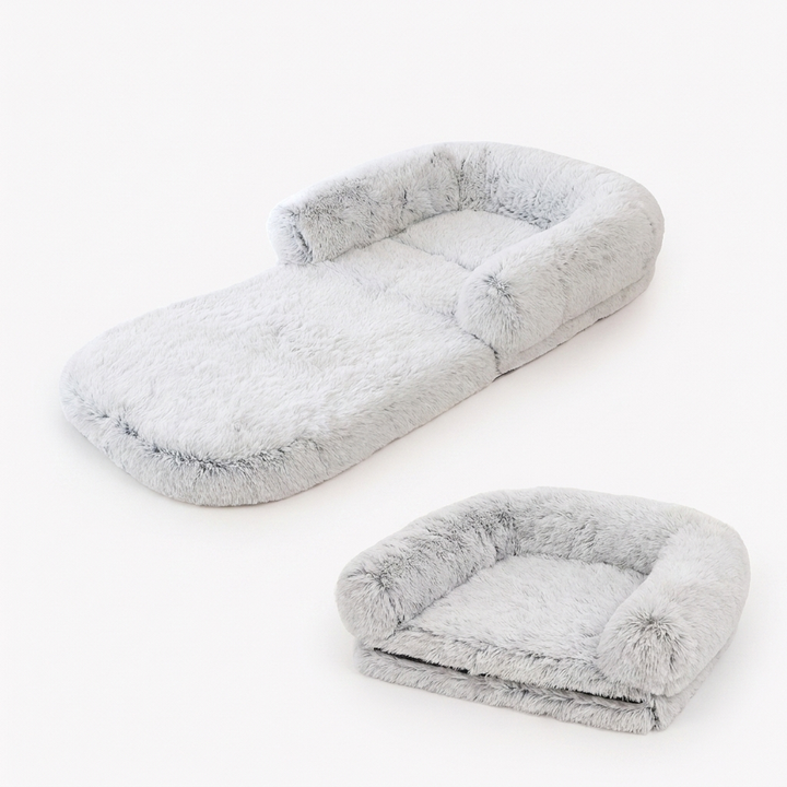 Cozy family pet bed. Plush foldable design for human & dog. Large, washable, comfortable indoor lounge. Home decor friendly.