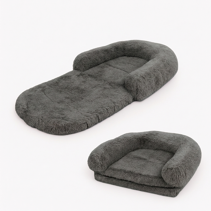 Giant plush dog bed & human lounger. Foldable, family-sized pet bed with soft, washable cover for ultimate comfort.