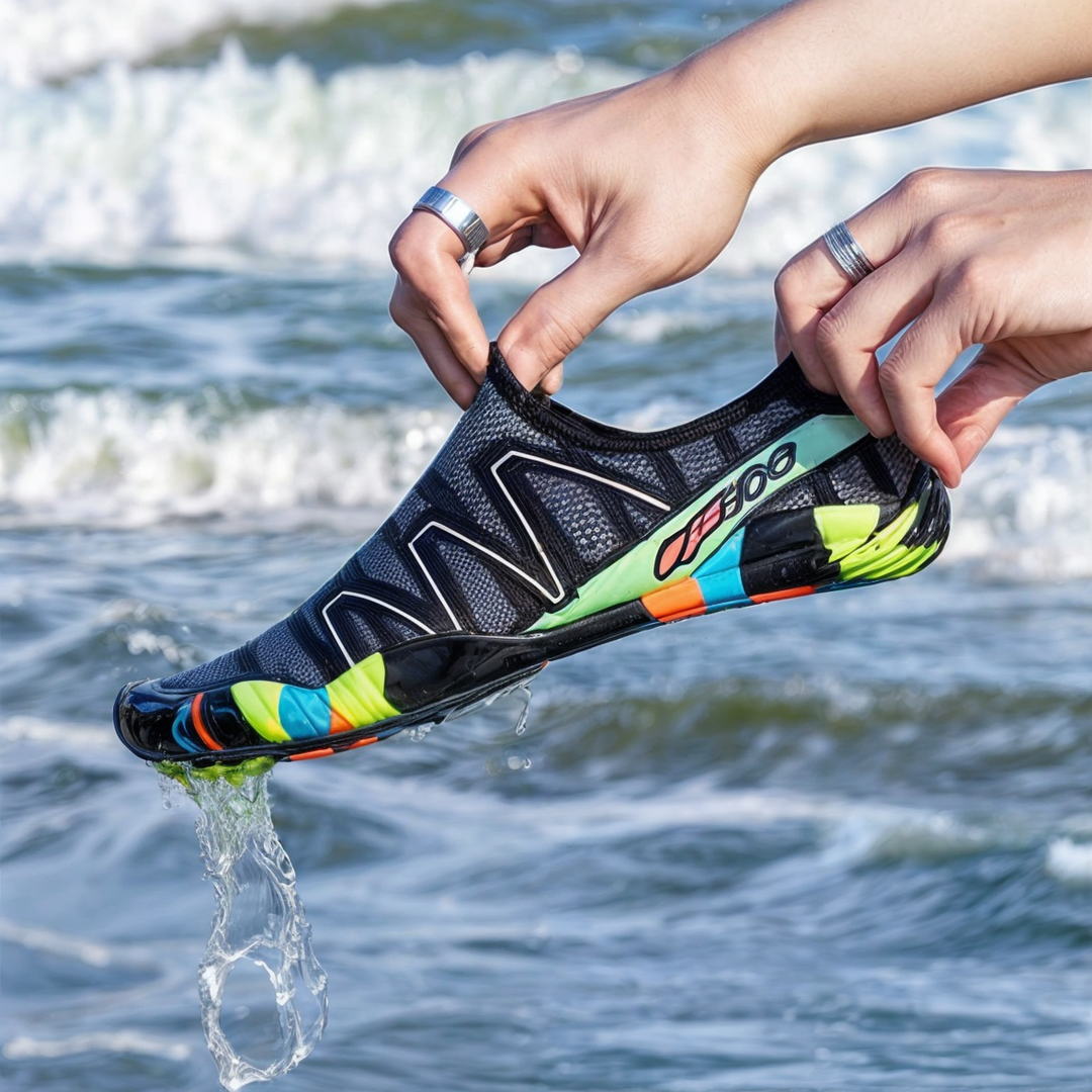 Close-up of non-slip sole on AquaFlex quick-dry water shoes. Ideal for watersports.
