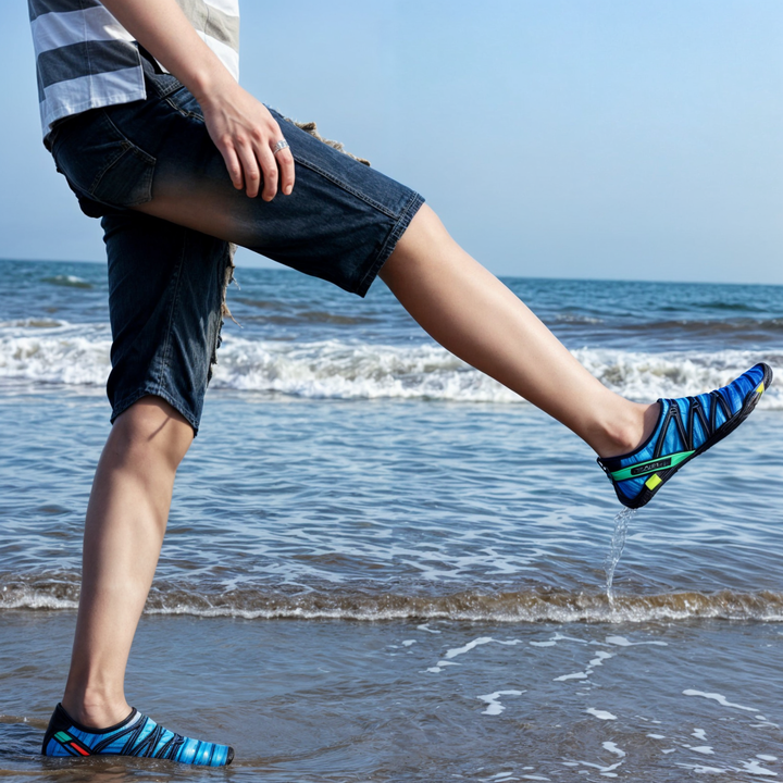Side view of AquaFlex quick-dry unisex water shoes with flexible design for comfort.