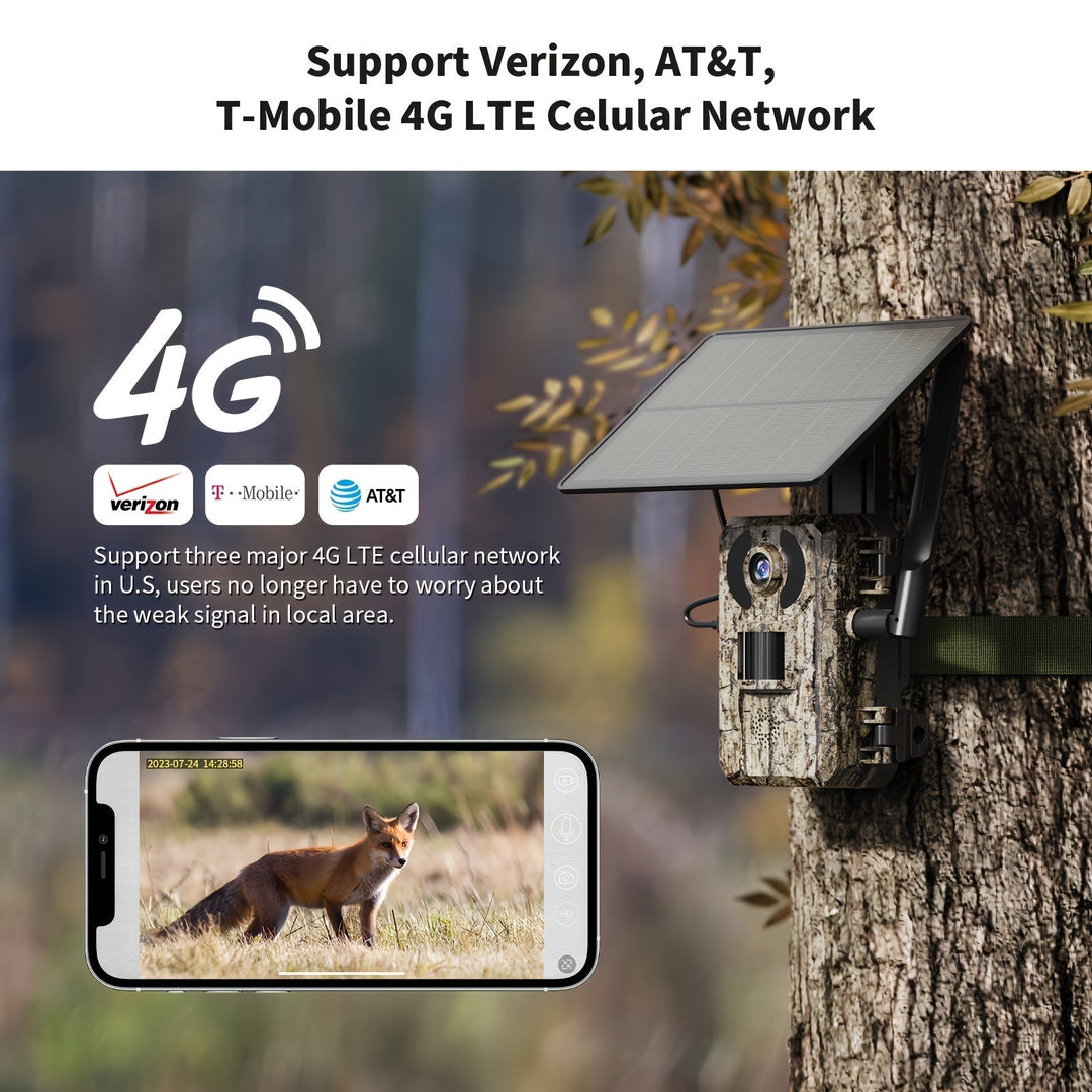 Eco-friendly 4K cellular trail camera with solar charging & instant alerts for wildlife surveillance.