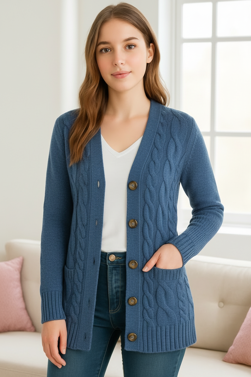 Fiona women's cable knit cardigan in blue, lightweight spring layering knitwear for casual UK fashion