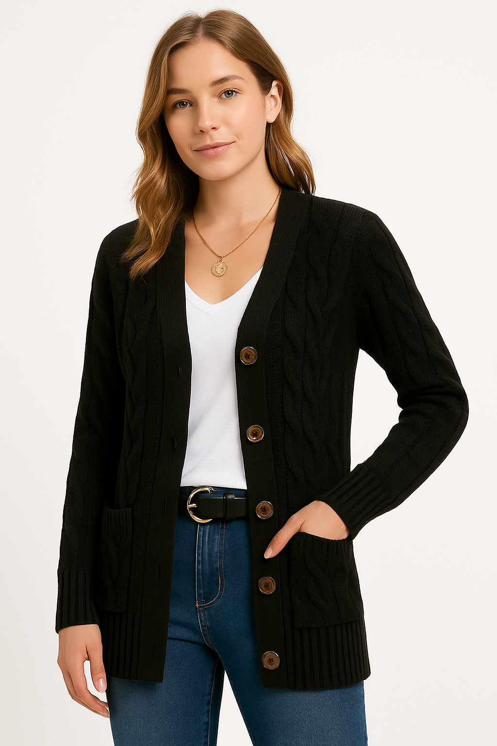 Fiona women's cable knit cardigan in black, lightweight layering piece, sizes S-2XL, versatile casual knitwear