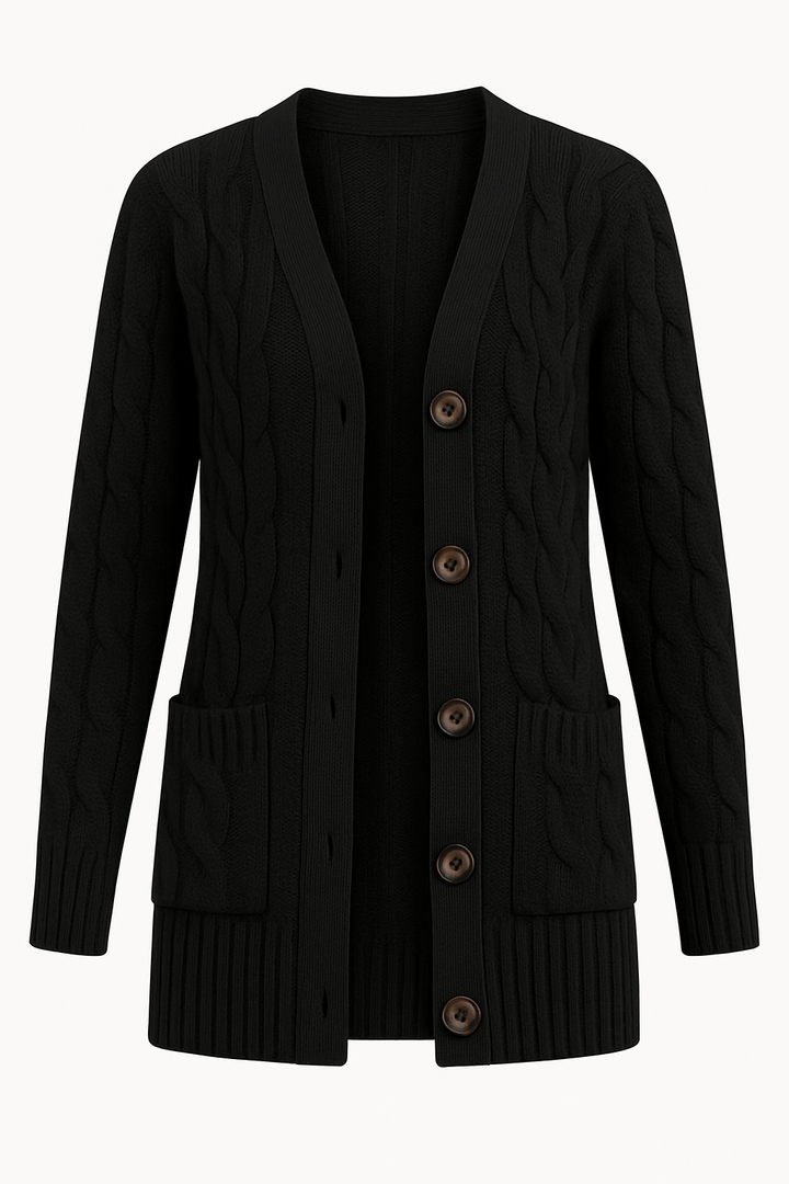 Fiona women's spring cardigan, cable knit in blue or black, lightweight layering knitwear for casual UK fashion