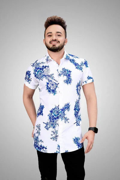 Casual men's short sleeve shirt with vibrant floral pattern, great for beachwear.