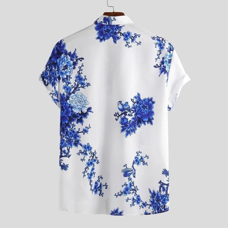 Printed short sleeve men's shirt, floral design, excellent for summer leisure wear.