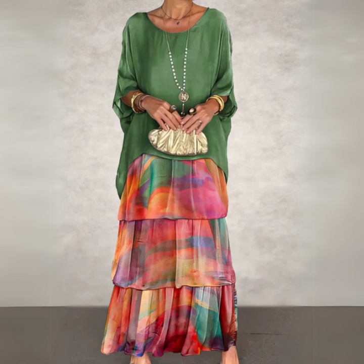 Flowing Women's Tiered Maxi Dress with long sleeves, perfect for a relaxed fit and elegant casual wear.