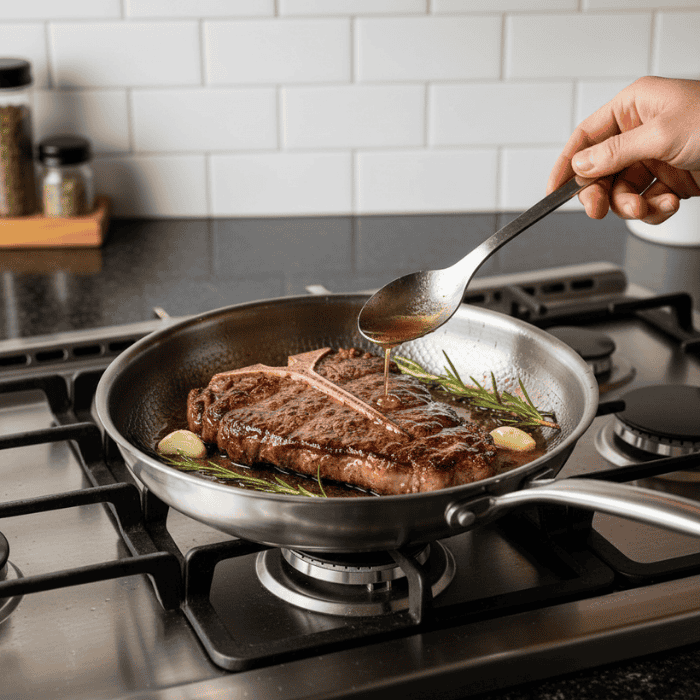 Durable titanium frying pan with an uncoated surface, ideal for gas, electric, ceramic, and induction.
