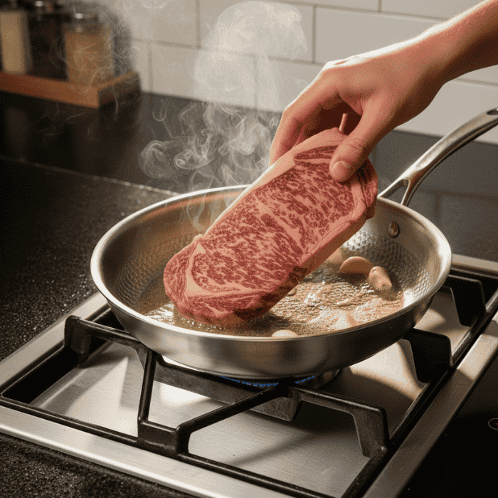 Sleek titanium frying pan, uncoated and induction-compatible. Perfect durable cookware for healthy meals.