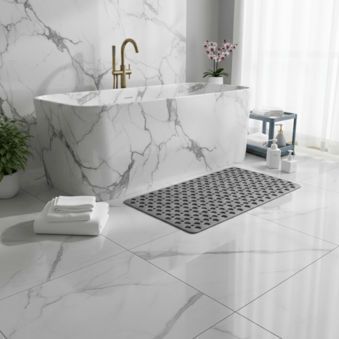 Modern non-slip bath mat with hygienic design. Durable, washable, and provides excellent home safety in showers.