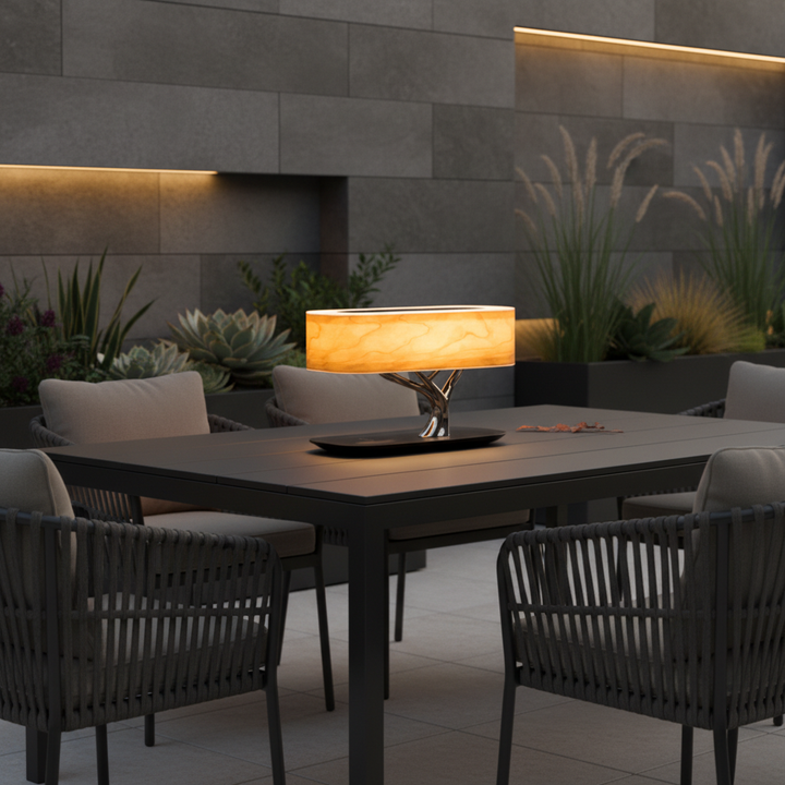 Sleek modern smart LED lamp with wireless charger and Bluetooth speaker, perfect for office desks.