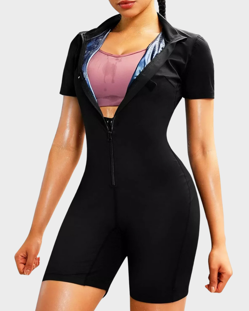 Slimming compression full body shaper sauna suit for women, supporting detox, body sculpting, and fitness.