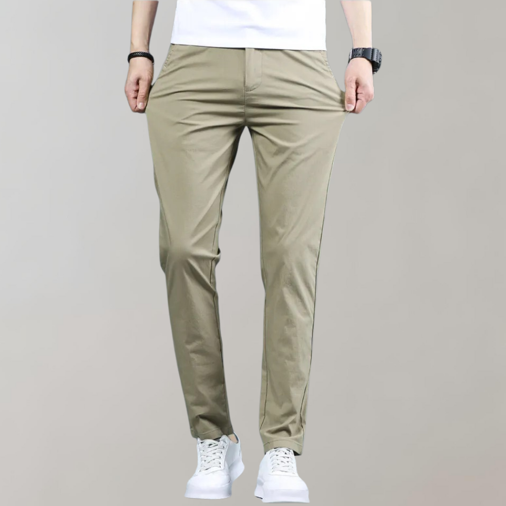 Full shot of men's slim-fit comfortable casual pants in a versatile charcoal gray color for everyday wear.