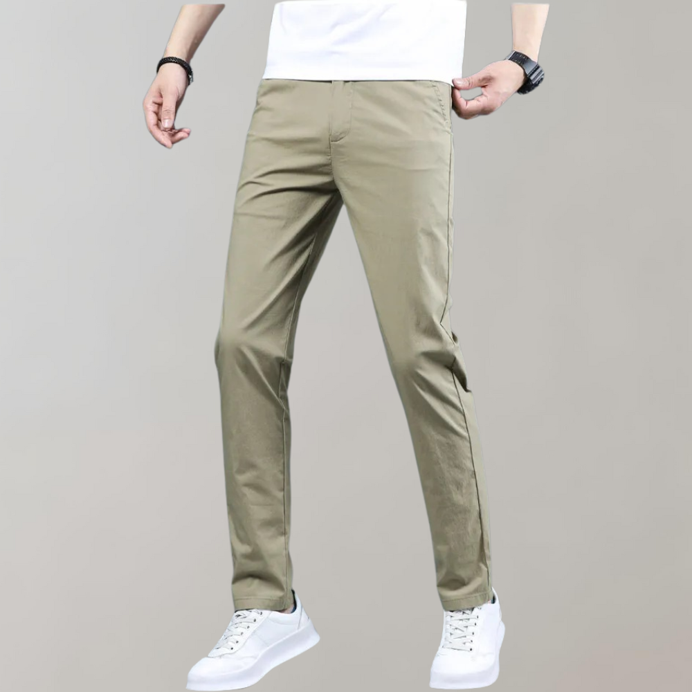 Close-up of the fabric texture of men's slim-fit casual pants, highlighting the soft, comfortable material.