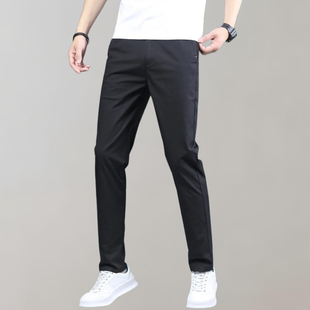 Back view of men's slim-fit comfortable casual trousers, showing pocket detail and a flattering fit.