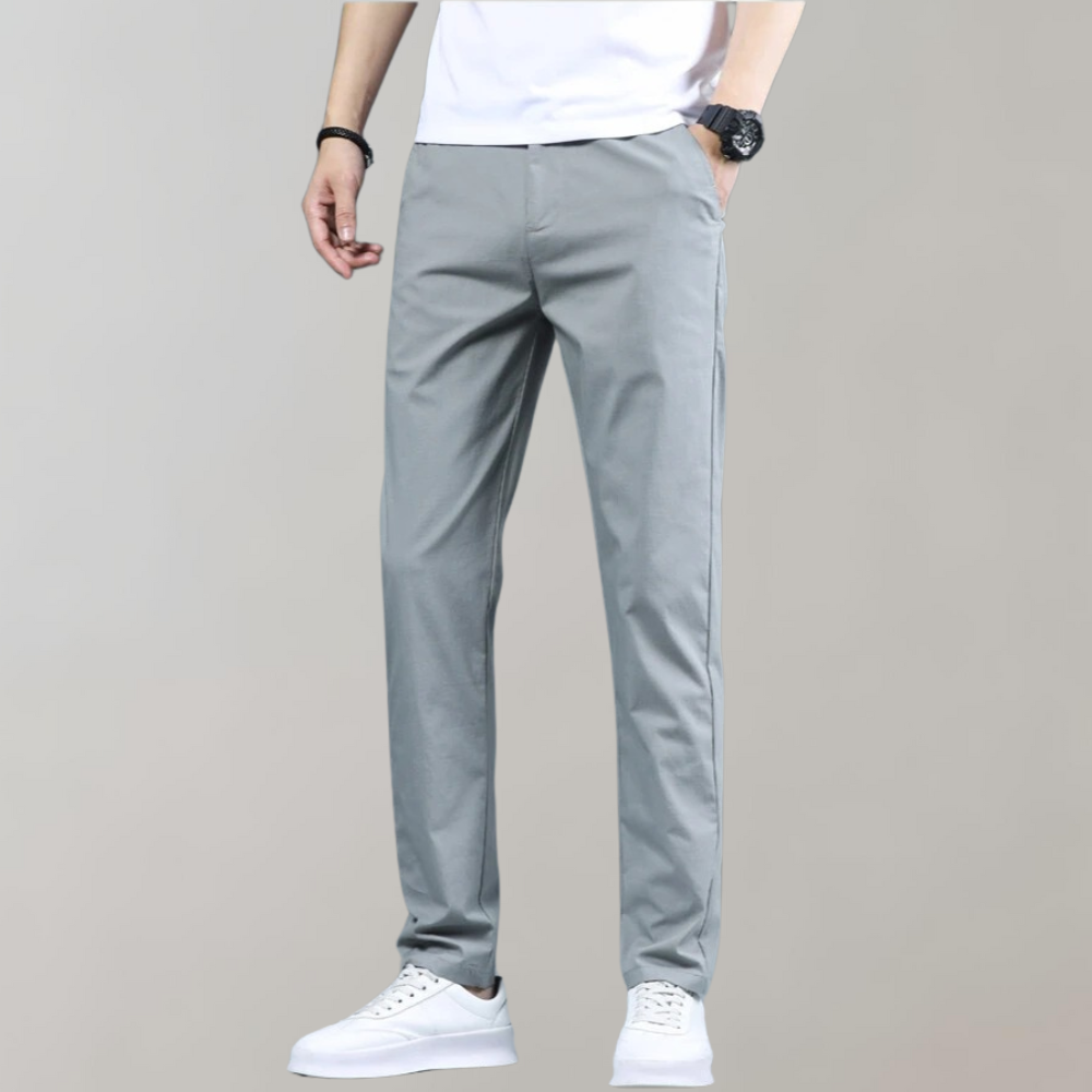 Flat lay of men's comfortable everyday slim-fit casual pants, highlighting their simple and versatile design.