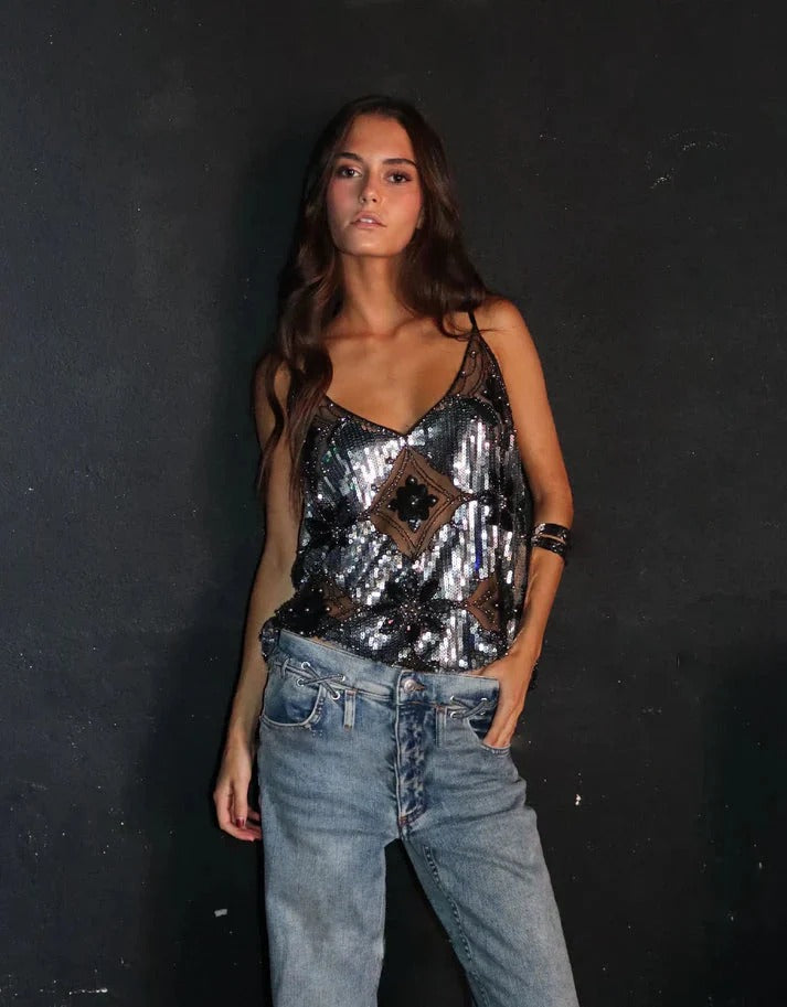 Beaded & sequin V-neck sheer top for women. Glamorous party wear, perfect for evening events & special occasions.