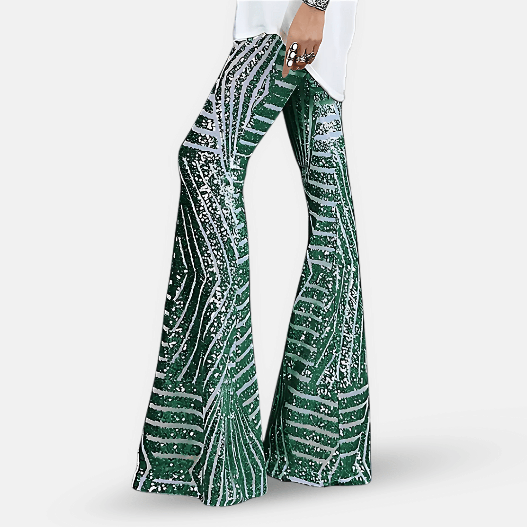 Trendy high waist sequin flare pants for women, offering a glamorous look for parties & festivals.