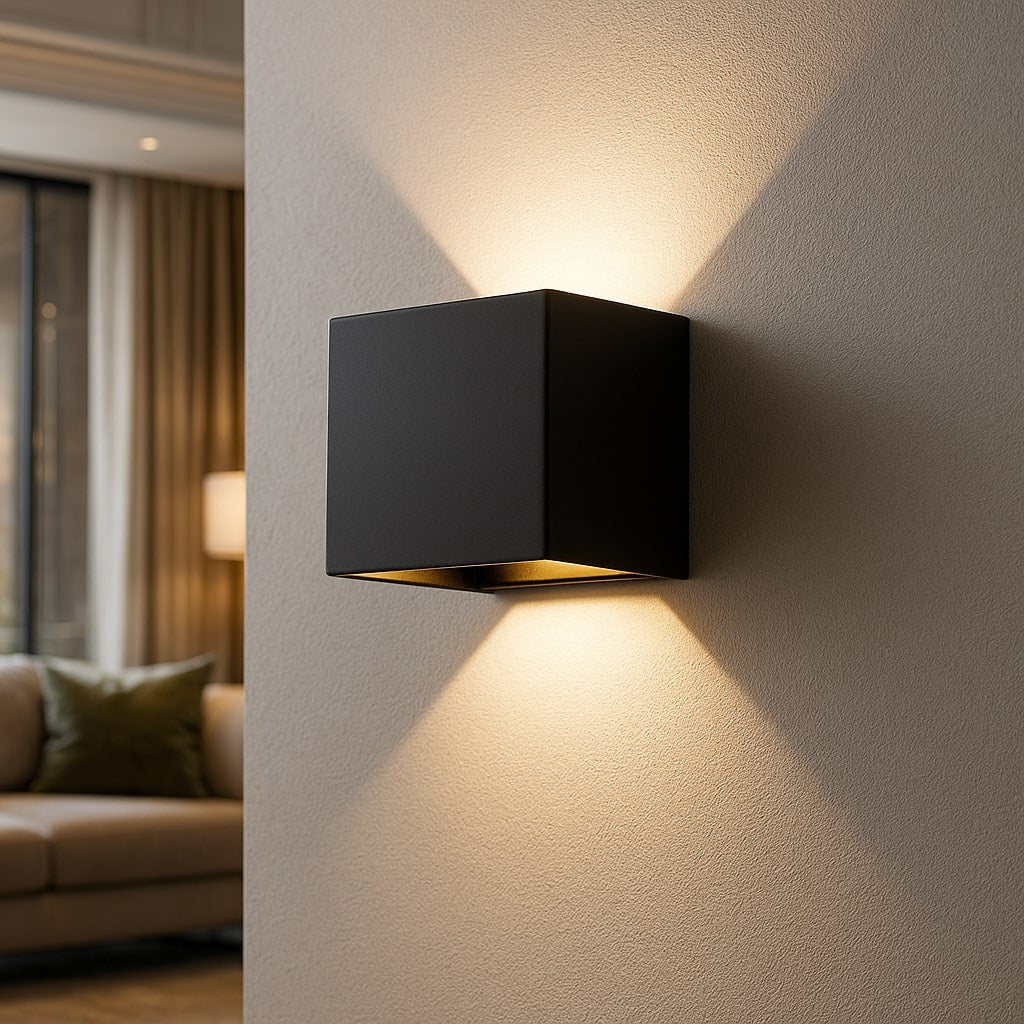 Modern LED wall lamp with motion sensor, offering cordless, energy-saving illumination for indoor or outdoor spaces.