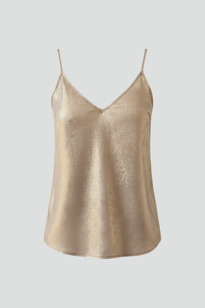 Gold V-neck cami top for women with delicate spaghetti straps, perfect for summer casual wear or layering.
