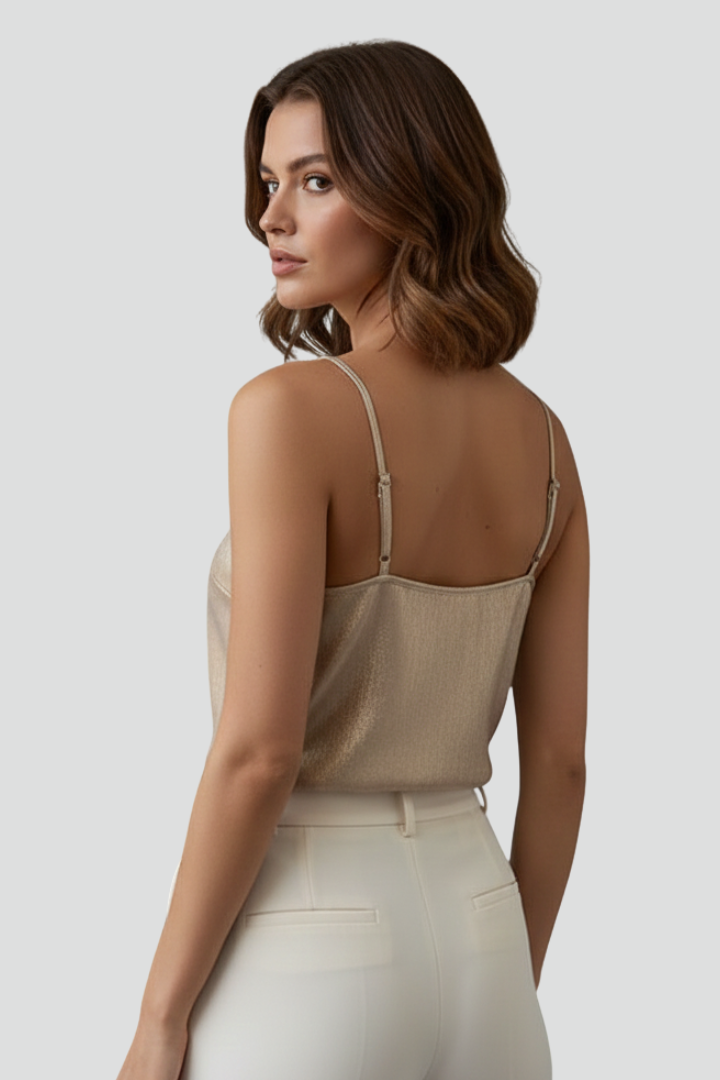 Elegant gold spaghetti strap cami top, a versatile layering piece with a flattering V-neckline for women.
