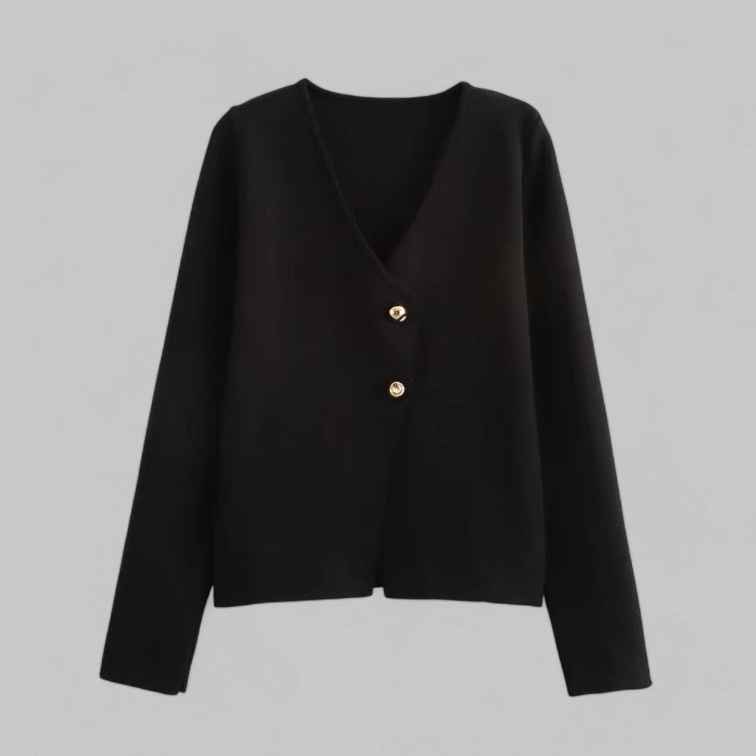Grace women's spring minimal button cardigan in black, lightweight layering piece for office or casual wear.