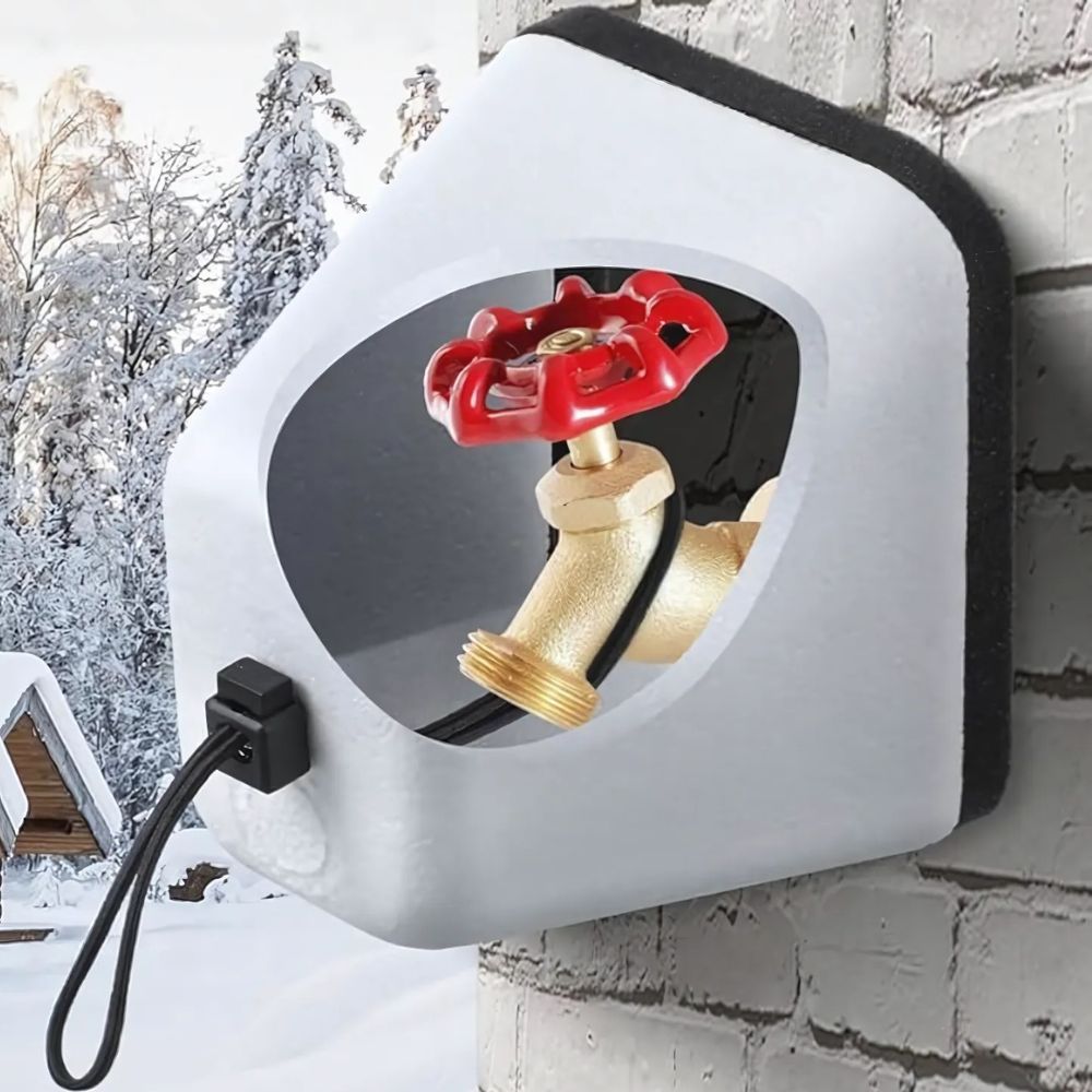"Gray polystyrene outdoor spigot protector with Velcro strap, providing winter insulation cover for faucets against freeze da