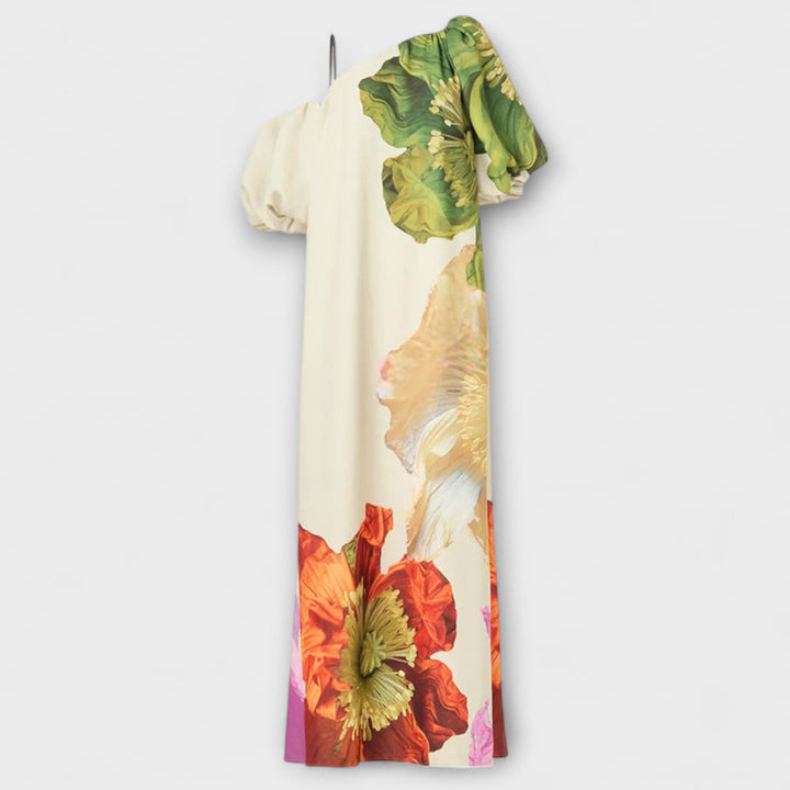 Women's summer vacation green floral maxi dress, designed with an elegant asymmetrical neckline.