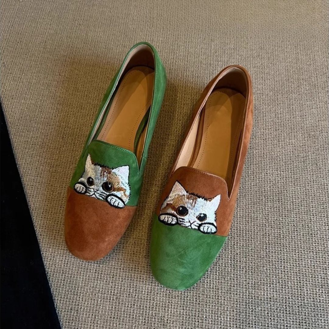 Green suede loafers for women with embroidered cat face, comfortable slip-on flats
