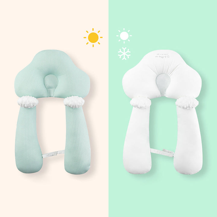 Newborn U-shape organic cotton head support pillow, gentle sleep essential for baby comfort.
