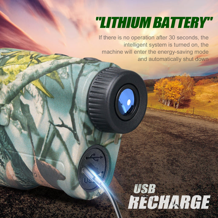 Rechargeable laser rangefinder for hunting, enabling precision distance measurement for outdoor adventures.