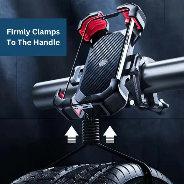 Adjustable bicycle handlebar mount for smartphones, showcasing its easy installation & secure grip for all phone sizes.