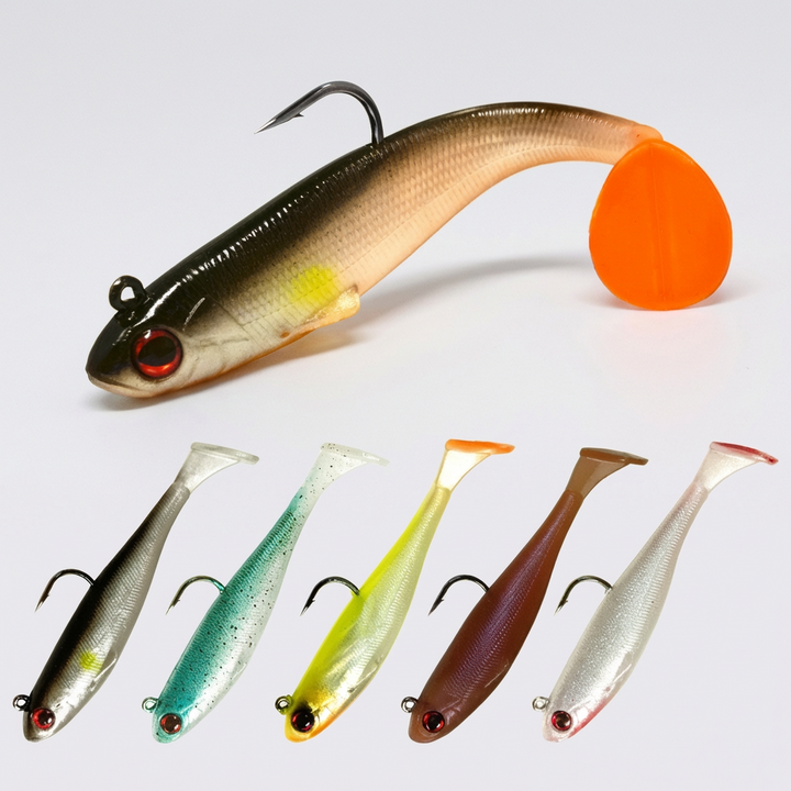 Highly realistic swimbait fishing lure featuring an integrated jig head. Perfect artificial bait for bass & pike.