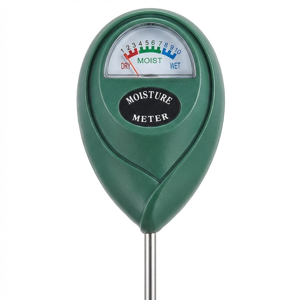 Close-up of a durable garden soil moisture meter, perfect for accurate plant health monitoring & watering.