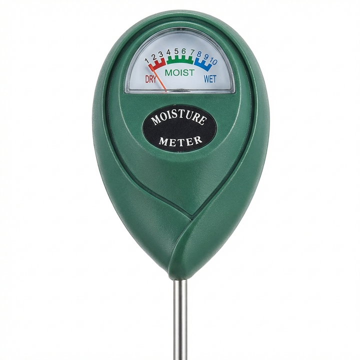 Close-up of a durable garden soil moisture meter, perfect for accurate plant health monitoring & watering.