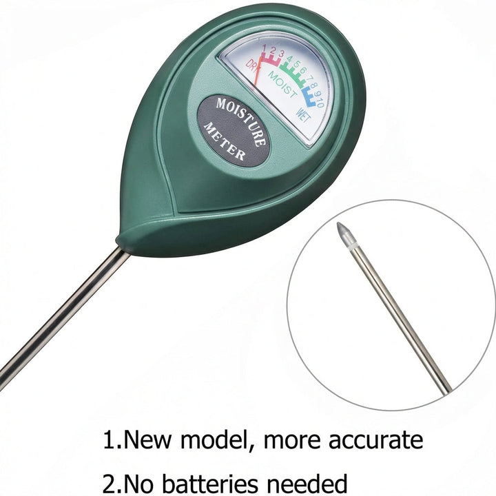 Hand inserting a garden soil moisture meter into a houseplant pot, essential for precise plant watering care.