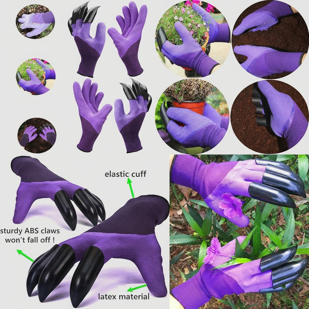 Durable purple unisex claw gloves. Essential gardening tools for efficient digging, planting, & raking in the garden.