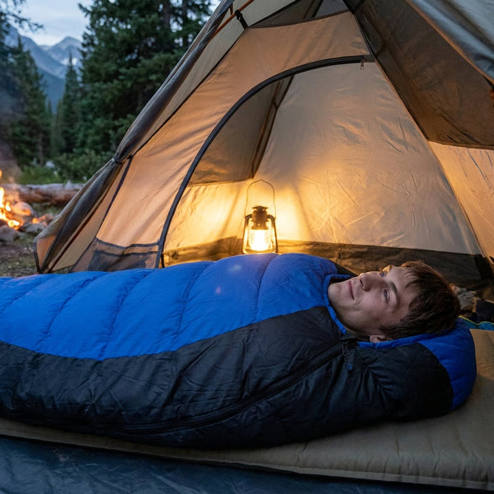 Warm blue Unisex Big & Tall 0-degree cold weather sleeping bag. Ideal for winter camping & outdoor adventures.