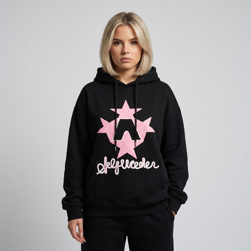 Women's oversized black star graphic hoodie. Casual, cozy streetwear pullover with a relaxed fit.
