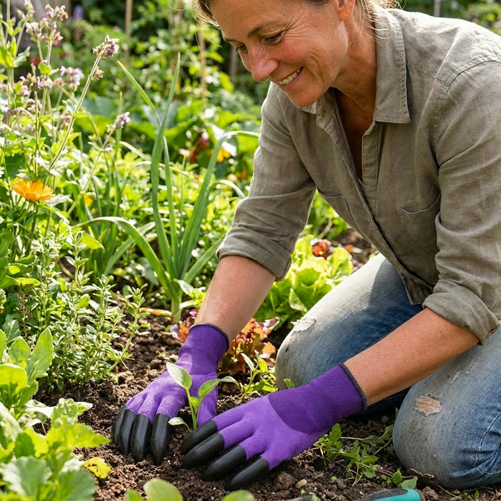 Unisex purple claw gardening gloves designed for easy digging, planting, & raking. Versatile garden tools.